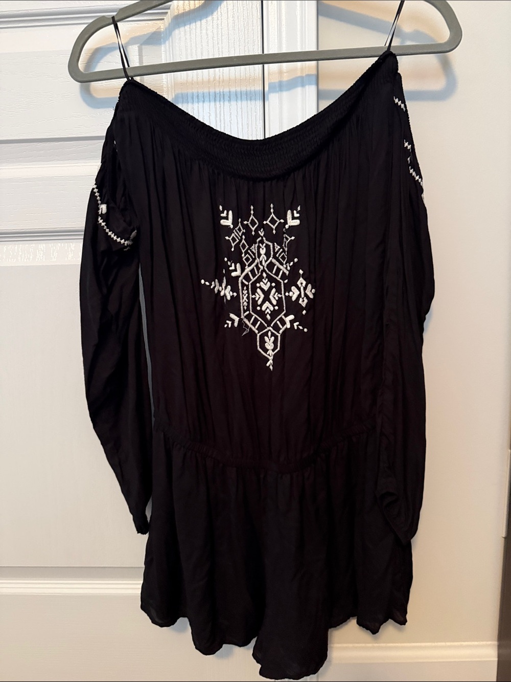 Express Black Off-Shoulder Embroidered Romper